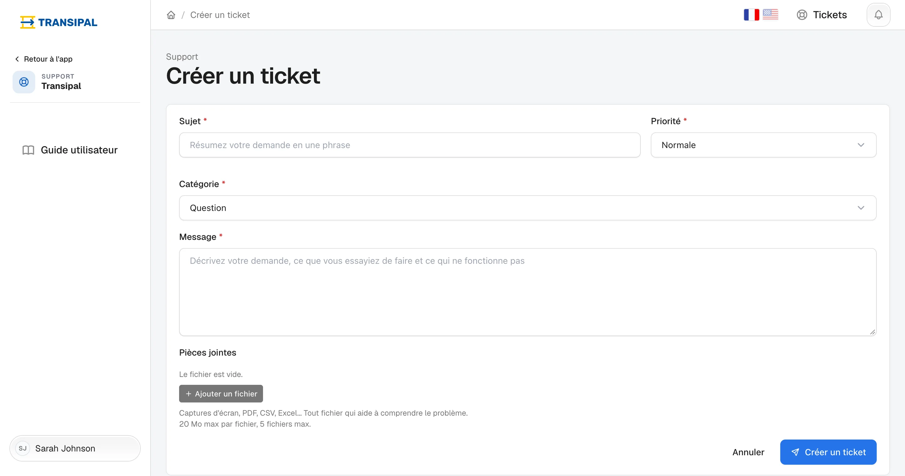 Le formulaire de ticket